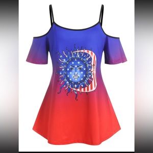 RoseGal Plus Size Cold Shoulder American Flag Ombré Top 2X NWT!